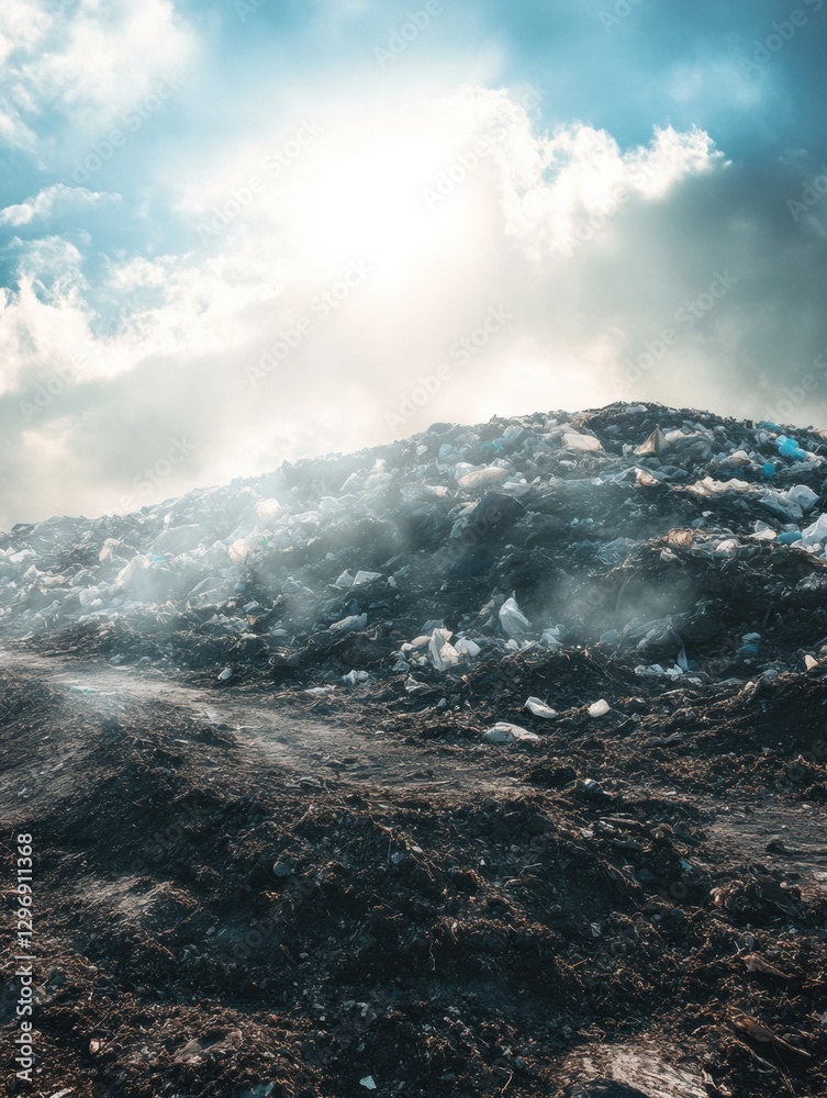 Poster mountain of plastic waste rising in a landfill under a bright sky with space for text. generative ai