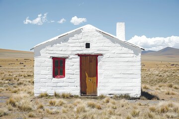 A simple, white house stands alone in a vast landscape under a clear blue sky, surrounded by dry grass and distant mountains.