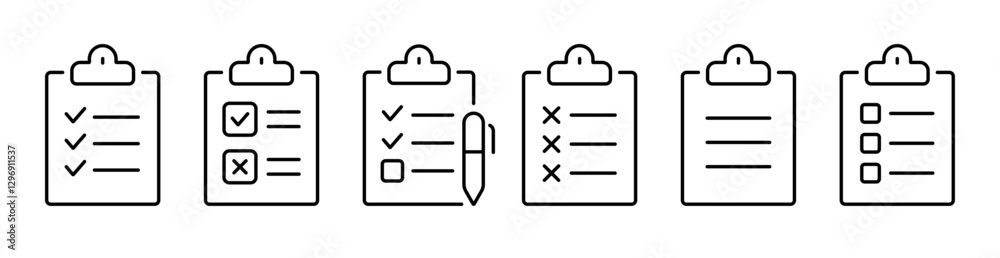 Poster Checklist thin line icons set. Clipboard, checkmark, document, survey, checkbox icon. Editable stroke. Vector