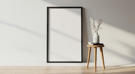 Naklejka premium A large blank frame leans against a white wall beside a wooden stool holding a vase with dried branches and books. Soft natural light creates a calming, minimalist interior aesthetic.