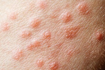 close-up of skin allergy rash with red itchy bumps on human skin, dermatology, dermatitis, and irritation texture background