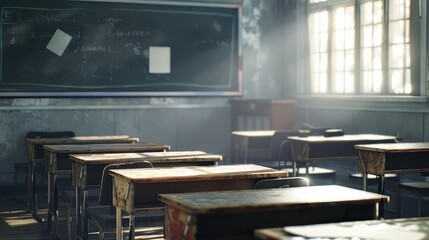 Quiet classroom with chalkboard, desks, and educational materials in soft lighting.