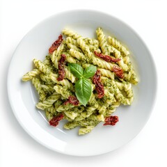 Photorealistic topdown view of Casarecce with Pesto in 8K