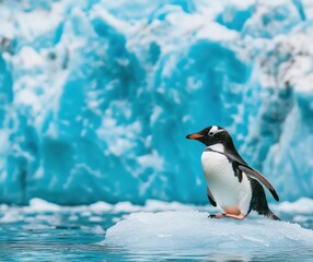Obraz premium Gentoo Penguin Standing on Iceberg Surrounded by Glacier in Crystal Clear Water Under Vibrant Blue Sky, Majestic Natural Landscape in the Arctic Region
