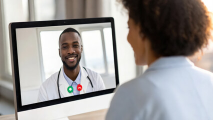 Fototapeta premium Telemedicine consultation with doctor smiling at patient on video call