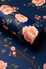 Rolled floral wallpaper design with pink peonies against a dark background for decoration