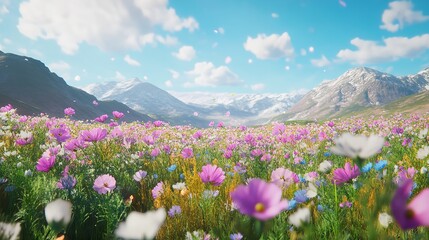 A field of pink cosmos flowers at sunset, mountain backdrop
