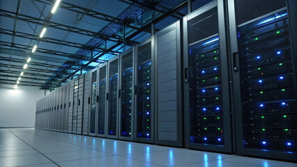 High tech server room with rows of servers and blue lighting, showcasing advanced technology and secure data storage