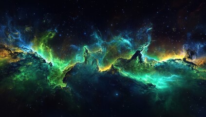 Obraz premium Vibrant nebula in deep space, swirling green and yellow gases against a dark backdrop of stars.