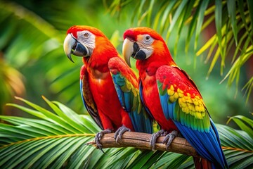 Vibrant Macaws on Tropical Branch: Colorful Parrot Stock Photo