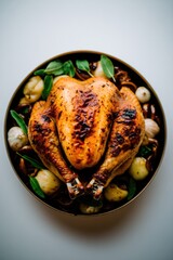 Golden roasted chicken centerpiece surrounded by fresh herbs and