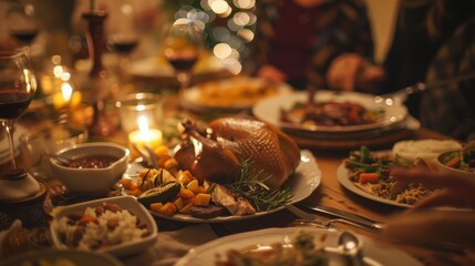 Joyful Family Dinner Featuring Turkey and a Variety of Dishes
