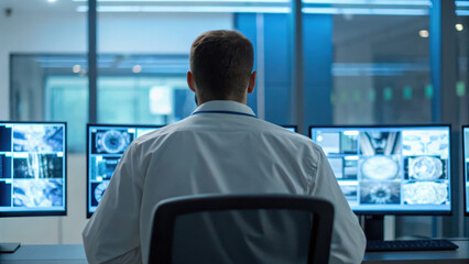 cybersecurity specialist monitors multiple screens for digital threats, ensuring data security and protection