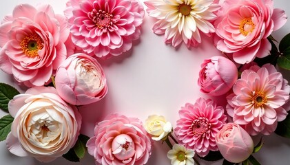 Elegant roses, peonies, and dahlias arranged in a romantic flat lay, romantic, composition