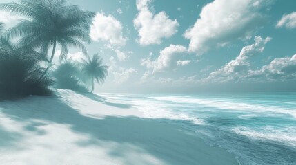 Beach scene showing palm trees and beautiful ocean waves under clouds