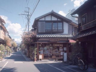 Serene Street: Charming Asian Architecture, Tranquil Shops, Blooming Flowers