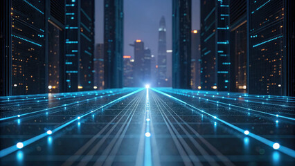 Fototapeta premium Futuristic cityscape with glowing blue lines and skyscrapers, showcasing advanced technology and innovation