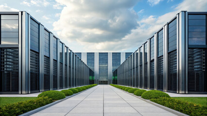 Futuristic cloud storage center with sleek architecture and green landscaping. modern design optimizes real time data management and efficiency