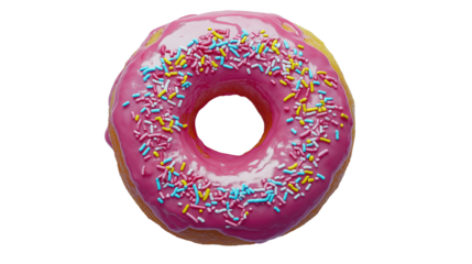 Donut with pink glaze and colorful sprinkles, glossy and appetizing, soft dough texture, isolated on white background, PNG format, top view