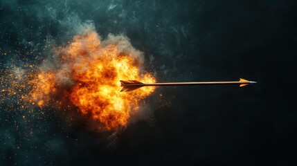 An intense image of a golden arrow shooting through an explosive burst of flames and smoke, capturing the raw power and dynamic action of archery in a stunning visual.