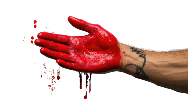 Red hand painted hand and splash is visible isolated on transparent background. 