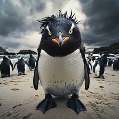 Obraz premium Portrait of a charismatic penguin in a dramatic coastal setting under cloudy skies, surrounded by fellow penguins in their natural habitat