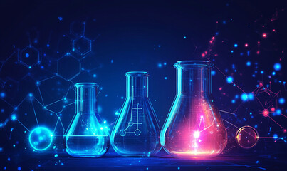 Glass beakers filled with neon liquids, surrounded by digital constellations.