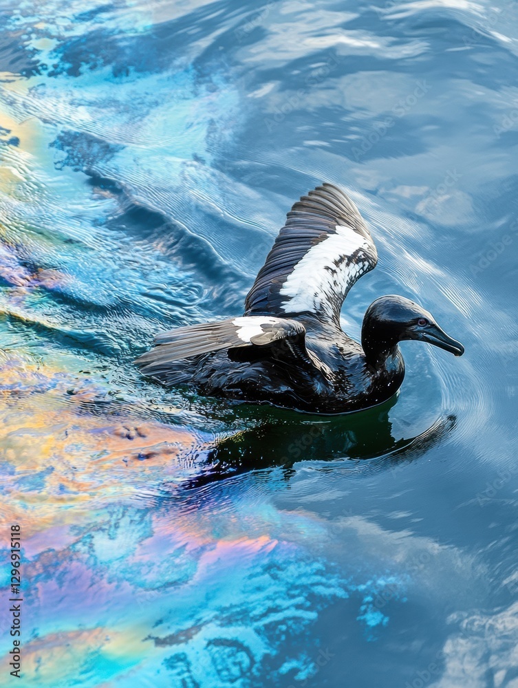 Poster seabird struggles to stay afloat in oil spill with rainbow sheen on ocean surface. generative ai