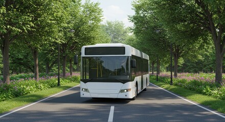 Fototapeta premium White Bus Traveling Through a Lush Green Tree-Lined Avenue