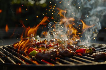 Flames creating a fiery spectacle as they char meat and vegetables on a grill