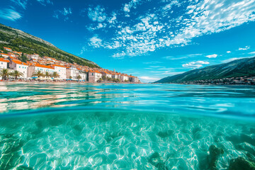 Obraz premium Coastal mediterranean town underwater view with sunny sky and serene sea
