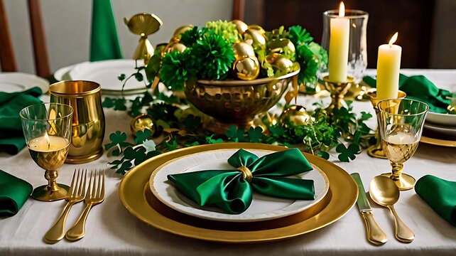 Elegant St. Patrick's Day Table Setting with Golden Accents and Green