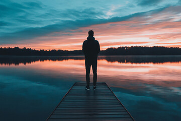 Back view of  young man standing at large lake with beautiful calm sunset light