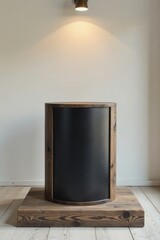 Rustic Wooden Stand with Dark Panel Insert, Perfect for Displaying Products or Artwork in a Minimalist Interior Setting