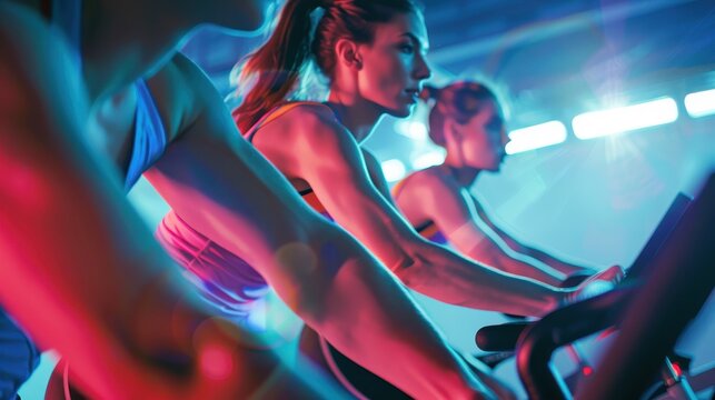 Dynamic and energetic indoor cycling class with focused group of people. Bright lighting enhances the scene.