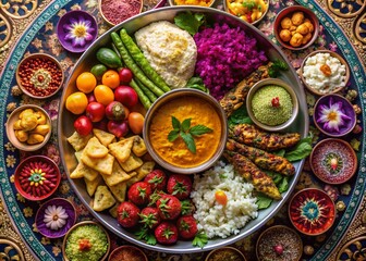 Fototapeta premium Vibrant Paisley Floral Food Photography Background, Indian Damask Textile Design, Ethnic Pattern