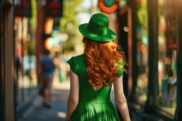Obraz premium Stylish girl in a green dress and matching hat walking down the street