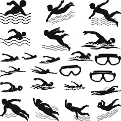 Swimming Silhouettes and Goggles, Swimming Vector, Swimmer SVG Clipart, Cut Files for Silhouette,