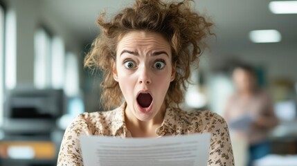 A surprised woman with tousled hair gasps in shock while holding a document, capturing an intense moment of emotion and unexpected revelation in an office setting.