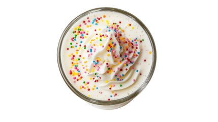 Milkshake with vanilla ice cream, whipped cream topping, and colorful sprinkles, classic American diner dessert, isolated on white background, PNG format, top view