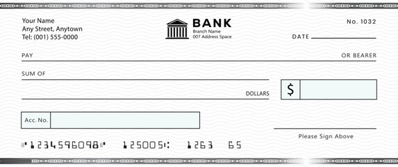 Blank bank check, checkbook cheque template with blue guilloche, vector mockup. Money payment bank check voucher or pay cash cheque certificate, account bill paycheck	