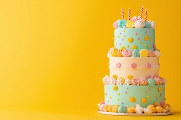 Tiered birthday cake with candles, colorful sprinkles, and macarons on yellow backdrop