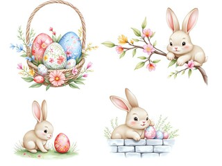 Obraz premium Charming easter bunnies with colorful eggs and blossoming branches