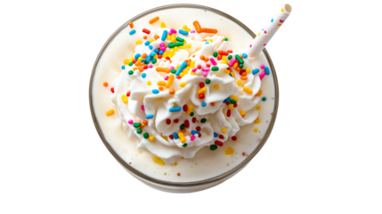 Milkshake with vanilla ice cream, whipped cream topping, and colorful sprinkles, classic American diner dessert, isolated on white background, PNG format, top view