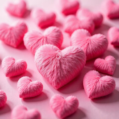 Pink furry cute hearts are lying on the table, one big pink fur heart surrounded by small pink hearts, next to the big heart there are many small hearts