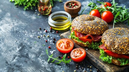 Gourmet sandwiches close up with bacon, salami, prosciutto, and fresh vegetables stacked high