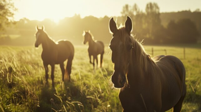 Herd of horses grazing peacefully in a sunlit field