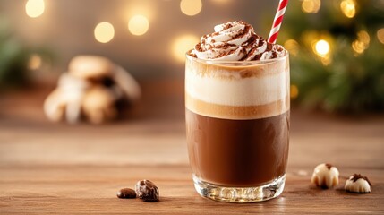 A beautifully crafted coffee drink adorned with whipped cream and chocolate syrup, creating an inviting and delicious appearance perfect for coffee enthusiasts.