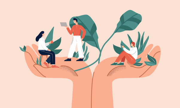 Huge hands holding tiny people office workers vector flat illustration. Support of professional growth, employee care, wellbeing at workplace and benefits for personal at work concept