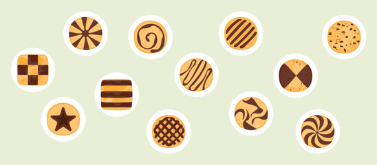Cartoon cookie vector illustration of delicious food Biscuits and crackers, baked flour products Gingerbread, and chocolate cake. Dessert. Pastry collection isolated on a white background.